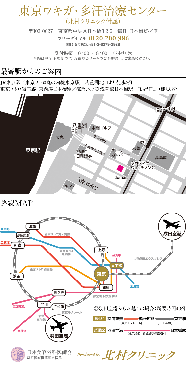 北村クリニック　東京都中央区日本橋3-2-5 西鉄日本橋ビル1F　フリーダイヤル 0120-200-986