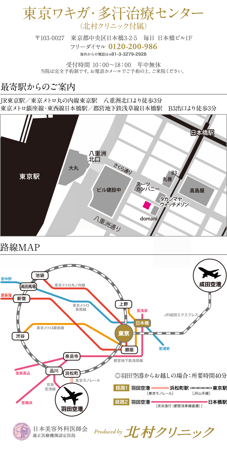 北村クリニック　東京都中央区日本橋3-2-5 西鉄日本橋ビル1F　フリーダイヤル 0120-200-986